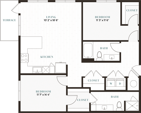 Floor plan for 2 beds, 2 baths, 1183 sqft